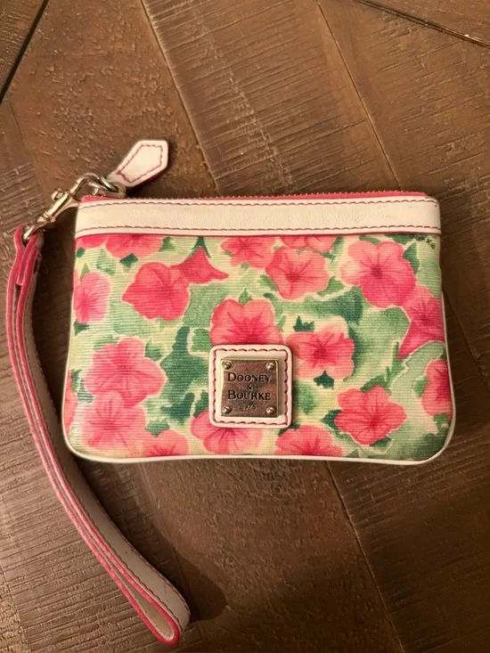 Dooney & Bourke Floral Hibiscus Coated Canvas Wristlet Pouch White Pink