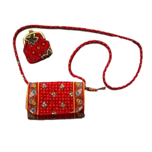 Vera Bradley Cottagecore Red Floral Convertible Crossbody Clutch Coin Purse Set