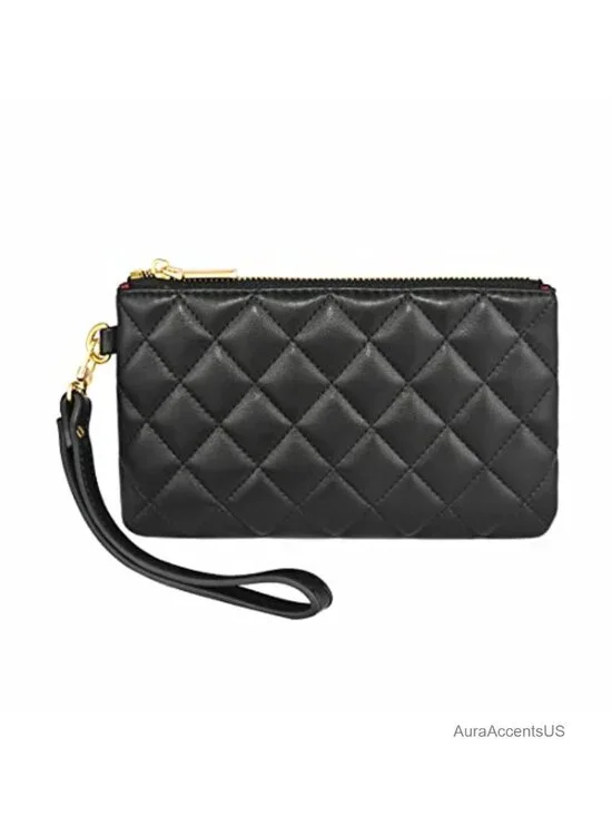 Genuine Grain Leather Wristlet Pouch Zip Clutch Bag with Card Slots Phone Purse