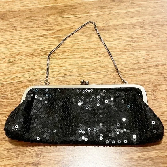 Ann Taylor LOFT black sequin evening bag w/ silver chain. Converts to clutch!