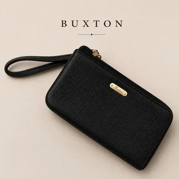 Buxton Black Pebbled Wristlet Wallet Zip Around Clutch Travel Organizer
