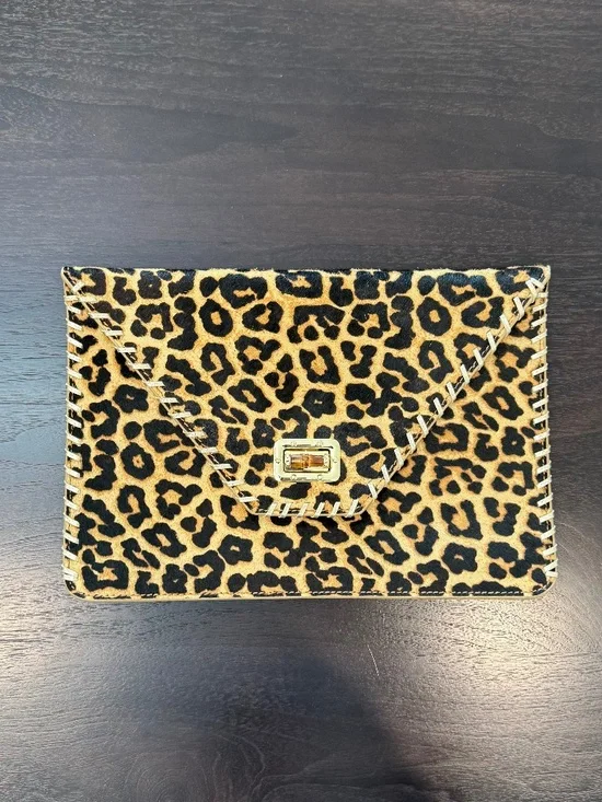 Leopard Calf Hair Envelope Clutch Gold Metallic Trim Bamboo Turn Lock