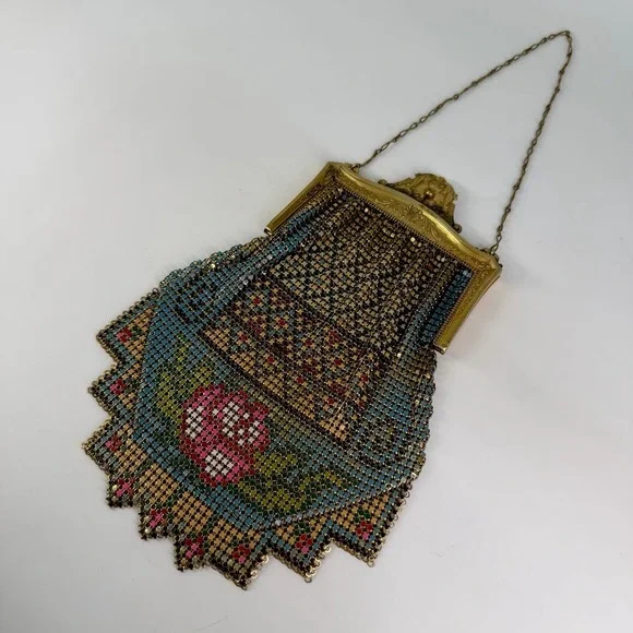 Antique 1920's Whiting & Davis Art Deco Metal Mesh Bag Purse USA Flapper Floral