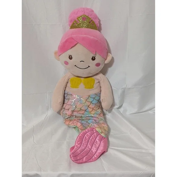 Large Mermaid Plush Doll Pink Hair Gold Tiara Rainbow Scale Tail Soft Toy