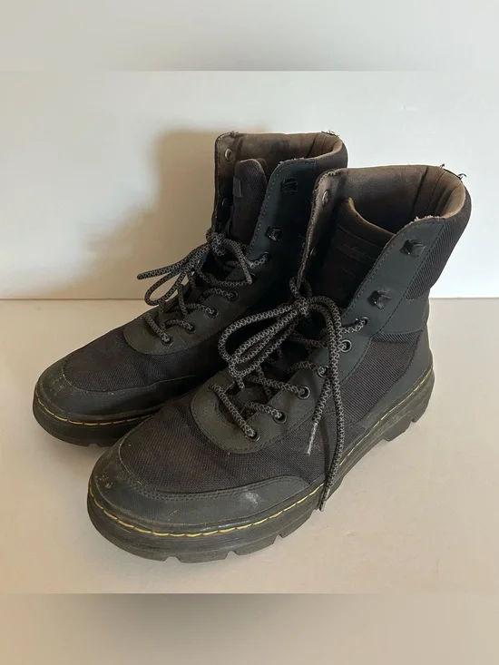 Dr. Martens Black Lace-Up Combat Boots with Yellow Stitching
