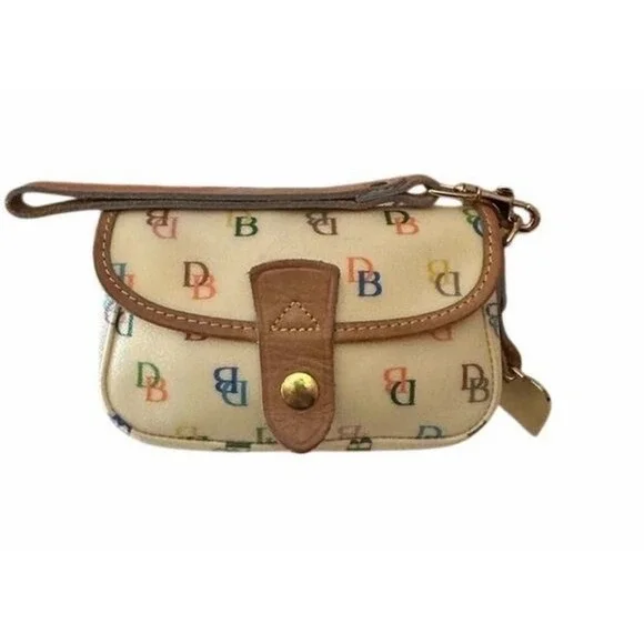 Flawed Gem! Dooney & Bourke Multicolor DB Monogram Wristlet Coated Canvas Heart