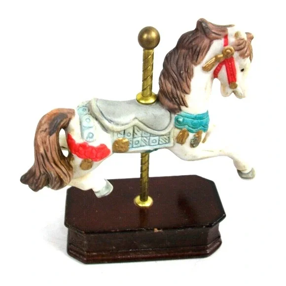 Vintage Ceramic Carousel Horse w/ Blue Saddle / 4.5-5