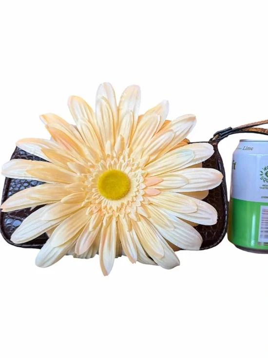 Floral Daisy Accent Wristlet - yellow & Brown, faux leather crocodile clutch