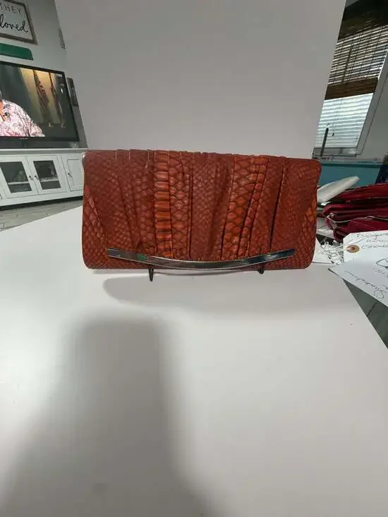 Orange Pleated Faux Snakeskin Evening Clutch with Silver Tone Hardware