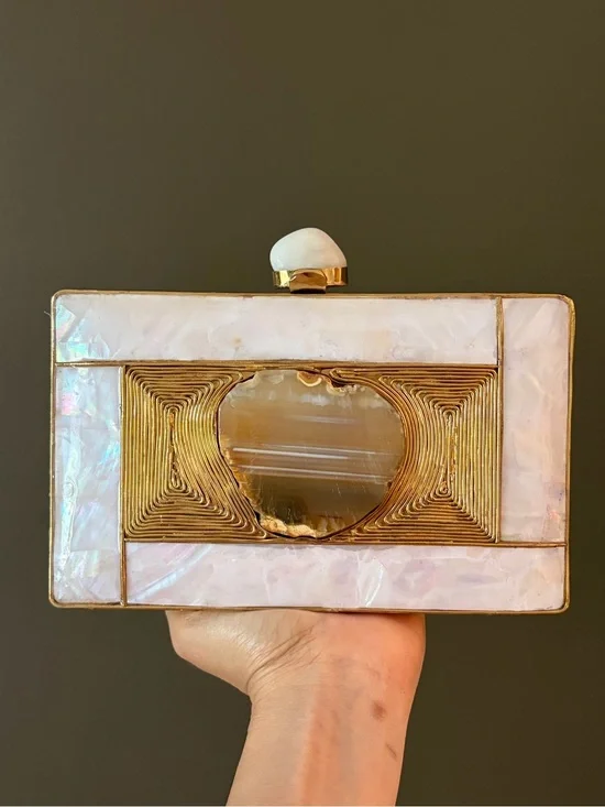 Iridescent Mother-of-Pearl & Gold Geode Frame Clutch