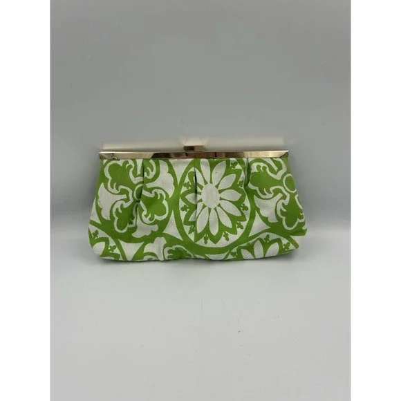 Vintage Lilly Pulitzer Clutch green & white floral print gold-tone metal frame