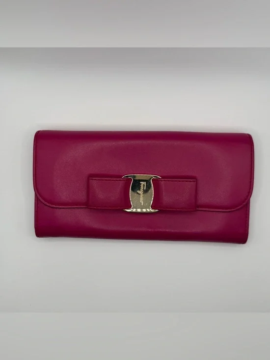 Salvatore Ferragamo Fuchsia Vara Bow Clutch with Gold Hardware