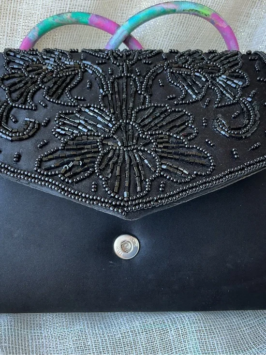 La Regale Black Beaded Clutch with Multicolor Handles