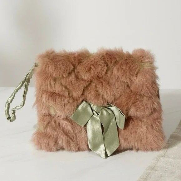Wills River Co Faux Fur Bow Clutch Wristlet Bag Pink Green Coquette Size OS