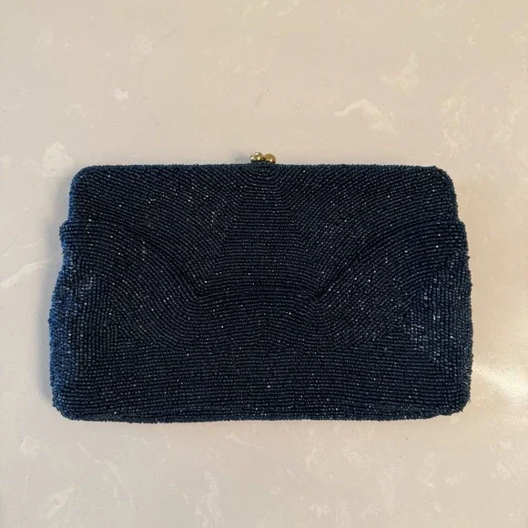 Vintage 60s Walborg Beaded Clutch Evening Bag Rhinestone Clasp Navy