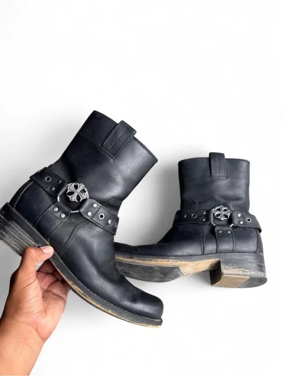 Mark Nason Black Leather Harness Boots with Silver Studs