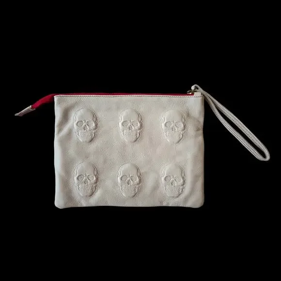 Goth Skull Embossed Leather Wristlet Creamy Gray Italy Made Alternative Edgy