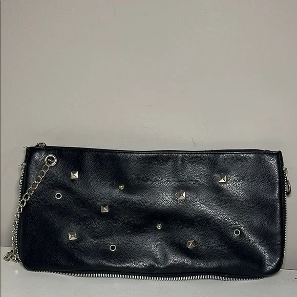 Black silver Studded faux Leather Clutch with chain expandable