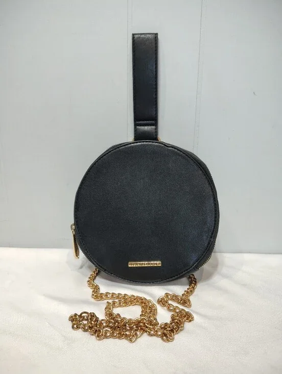Rampage Black Faux Leather Round Circle Crossbody Bag Gold Chain Canteen Purse