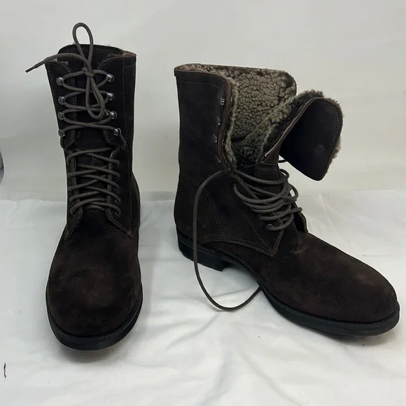 Men’s Sz 9.5 Brown Suede Full Fur Lined Lace Up Lug Boots