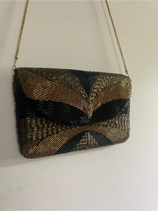 Vintage Regale Ltd Hand Beaded Evening Bag Black Gold Bugle Bead Chain Purse