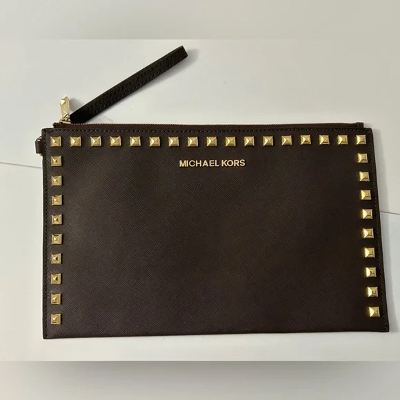 Michael Kors Selma Dark Brown Saffiano Leather Studded Wristlet Clutch Bag