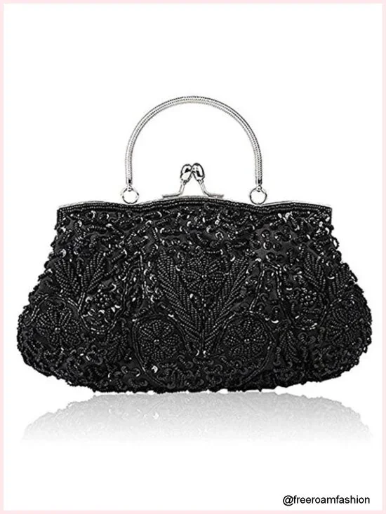 Beaded Sequin Flower Evening Purse Large Clutch Bag Handbag for Women