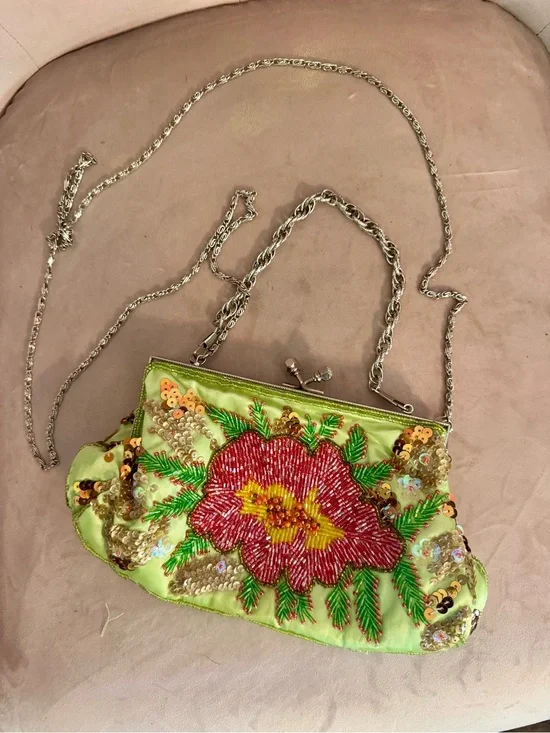 Vintage Beaded Floral Evening Clutch Whimsical Sequin green crossbody