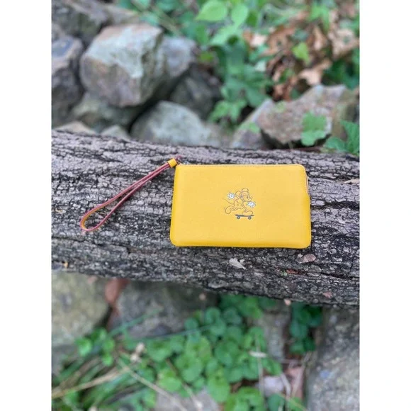 Coach Disney Mickey Mouse Skateboard Yellow Leather Wristlet Pouch F59528