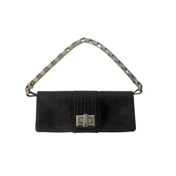 Kooba Black Patent Leather Chain Strap Clutch Purse With Quilted Detail & Metal