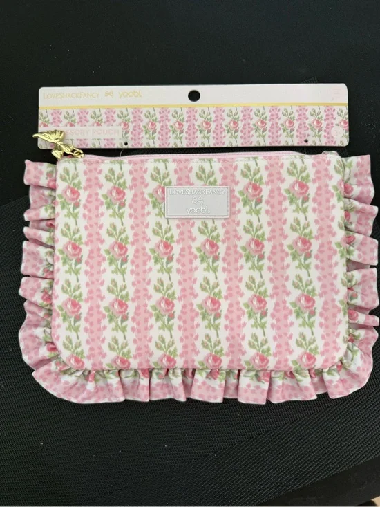 LoveShackFancy Pink Floral Ruffle Zip Pouch