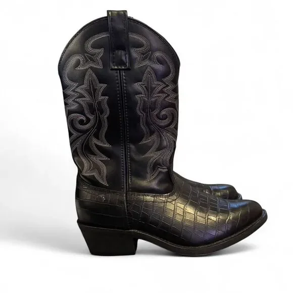 Masterson Black Leather Western Boots Mens 8EW Extra Wide Croc Embossed Like New