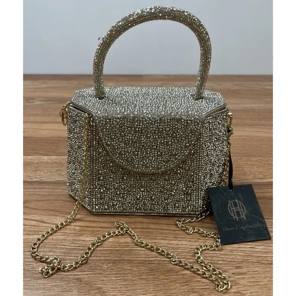 House of Harlow 1960 Champagne Rhinestone Evening Bag, Removable Strap NEW