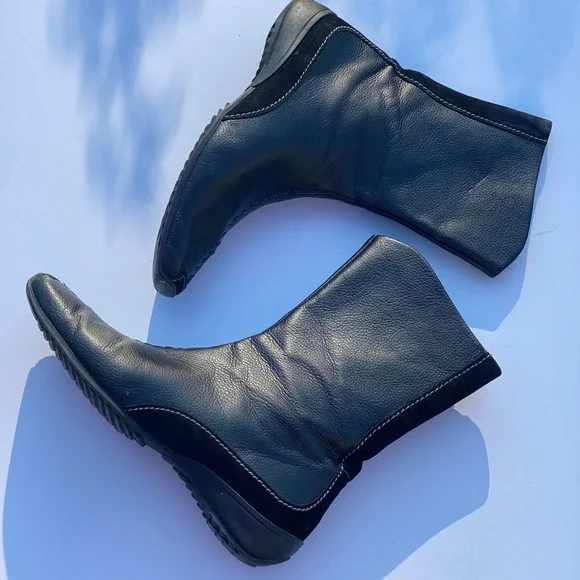 Paul Green Minimalist Black Leather Boots Whipstitch Square Toe Moto - Size 6.5