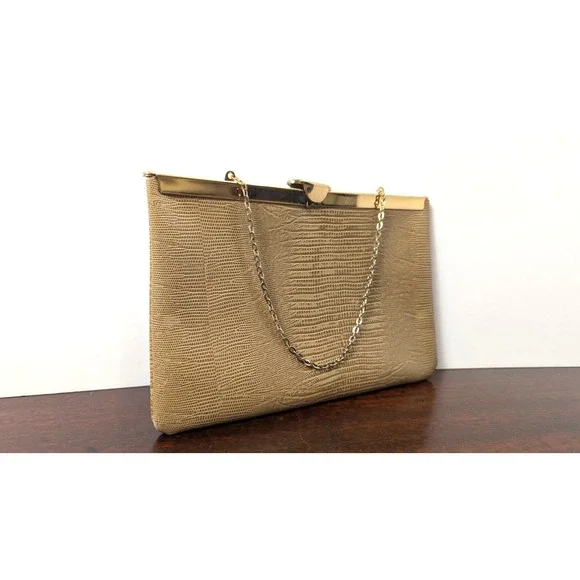 Vintage Erta Genuine Snakeskin Clutch Purse Gold Frame Chain Strap Beige Tan