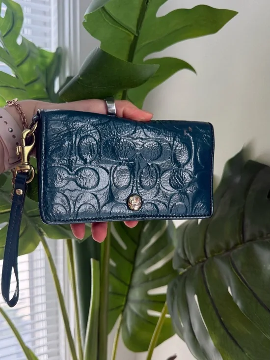 Coach Patent Zip Wristlet in Teal Blue