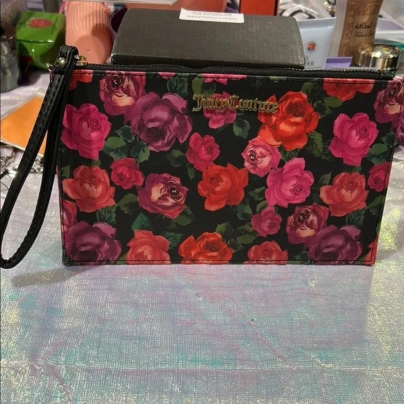 687. Juicy Couture Black and Pink Floral‎ Clutch Wristlet