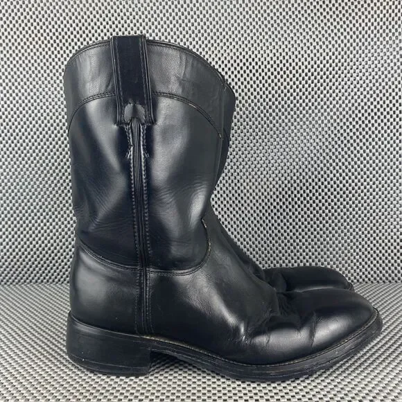 Justin Roper Cowboy Boots Mens 5.5 D Womens 7 Black Leather Pull On Western 3702