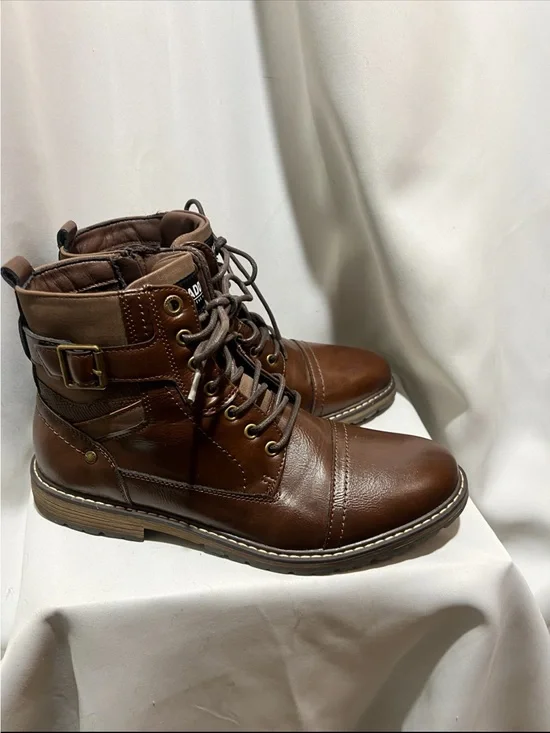 Steve Madden Brown Leather Lace-Up Combat Ankle Boots Buckle Zip Mens Size 9.5