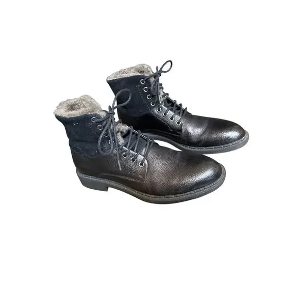Robert Wayne  Men’s Black Leather Faux Fur Lined Lace Up Ankle Boots