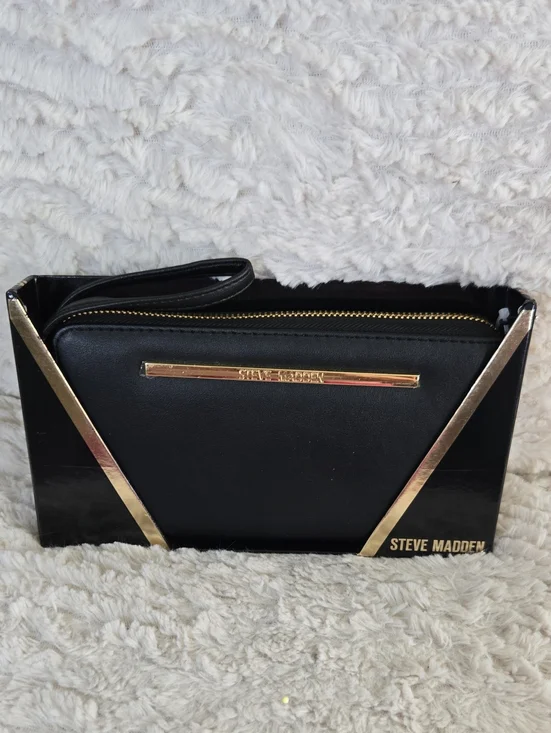 Steve Madden Black Wristlet Clutch with Gold Accents NWT IN BOX