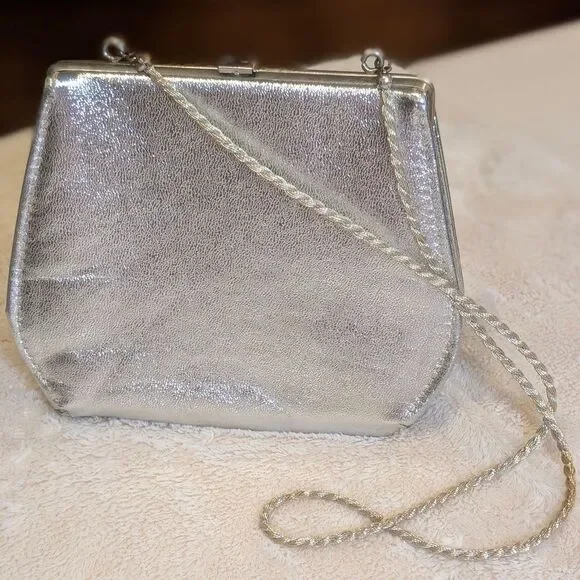Vintage Silver Metallic Evening Bag Convertible Clutch Rhinestone Kiss Lock