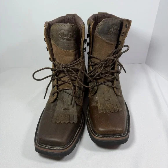 Justin Mens SE681 Stampede Brown Leather Square Toe Lace Up Work Boots 8 D‎ EH
