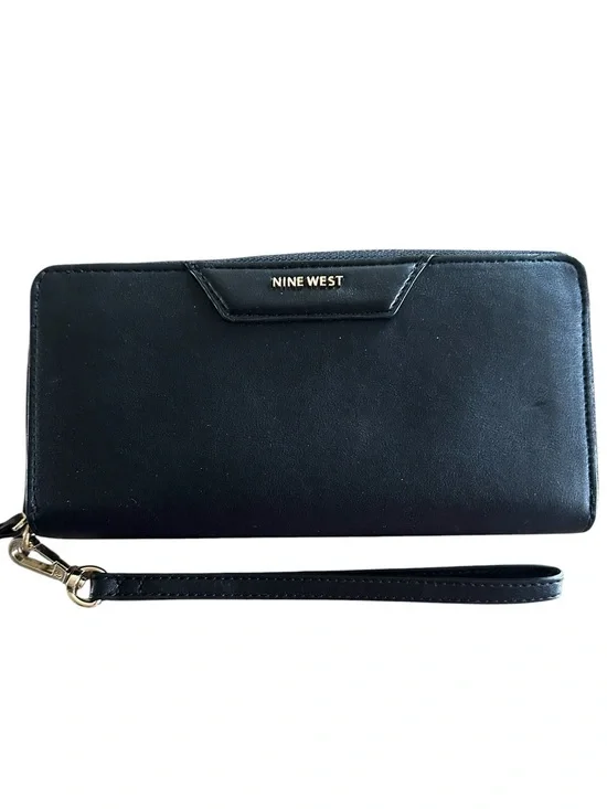 Nine West Black Leather Zip Around Wristlet Wallet Bag Gold Logo Like New