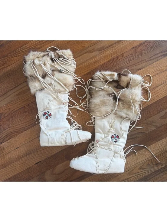 Handcrafted White Leather and Fur Moccasin Boots with Beaded Design