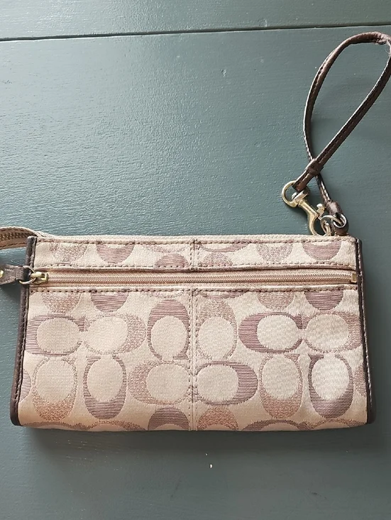 Coach Signature Jacquard Wristlet Womens OS Tan Brown Monogram Canvas‎ Leather