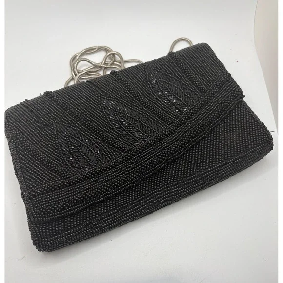 Black Beaded Clutch Evening Bag Silver Chain‎ Strap Formal Party Purse