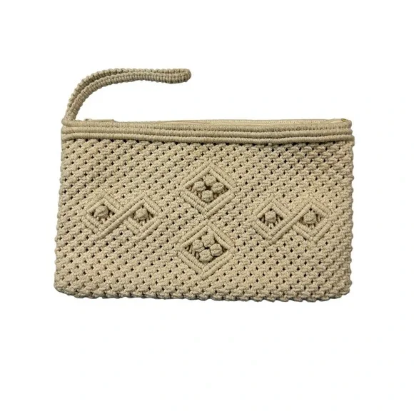 VTG Macrame Woven Wristlet Clutch Purse Bag Cream‎ Beige Boho Coastal Beachy 70s