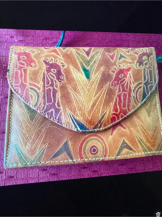 Tooled Leather Giraffe Tribal Multicolor Crossbody Clutch Purse Vintage India