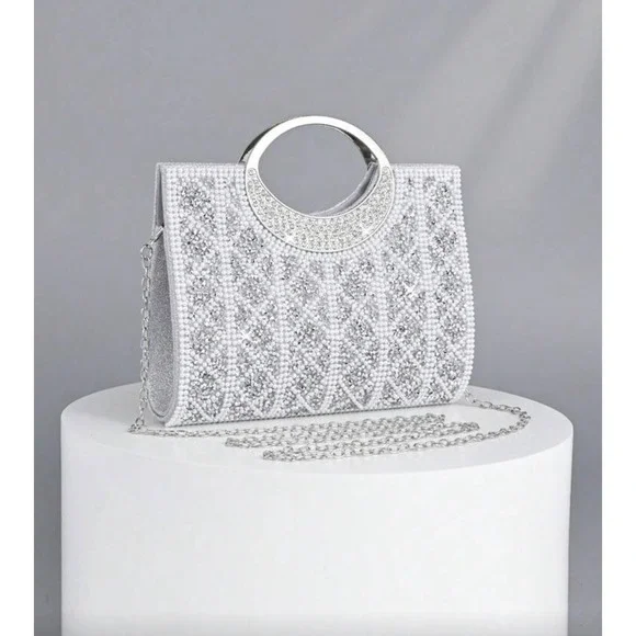 Opulaura Silver Rhinestone Pearl Evening Clutch Bag Wedding‎ Formal Crossbody